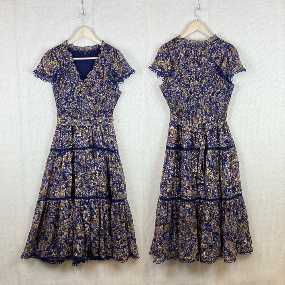 AQUA Blue Floral Midi Dress Surplice Neckline